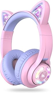 iClever Casque Audio Enfant Bluetooth, Casque sans Fil pour Enfant Oreille de Chat Contrôle du Volume Réglable 74/85dBA avec Microphone pour Ecole/Tablette/Téléphone/PC