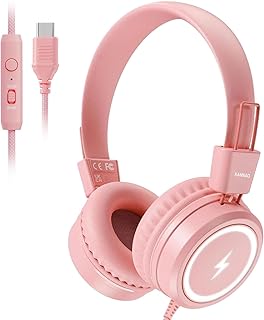 Casque Audio Enfants Scolaires, USB de Type C avec Lumières LED, Casque câblé Garçon Fille avec Limiteur de Sécurité 85dB/94dB, Casque Pliable avec Microphones pour école/iPad, Rose