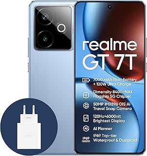 realme GT 7T 5G Smartphone,12+256GB,Batterie 7000 mAh,120W Charge,Processeur Dimensity 8400-MAX, Appareil Photo IMX896 50MP,AI Planner,Écran e-Sport Pro 6000 nits 120Hz, IP69, Bleu,Exclusivité Amazon