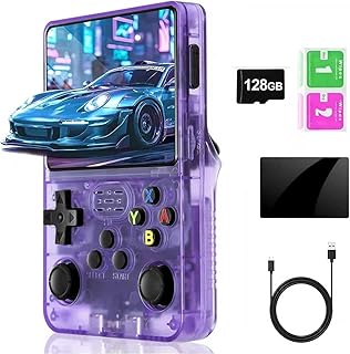Ouyniei Console de Jeux Rétro R36S, Écran IPS 3.5", 128 Go, 20000+ Jeux Préinstallés, Système Open Source, Double Joystick, Batterie 3500mAh, Portable pour Adulte & Enfant (Transparente)