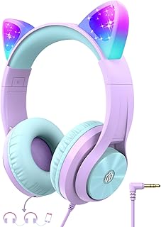 iClever Casque Audio Enfant, Oreilles de Chat Lumineuses LED, Volume Limité à 85dBA, Port partagé, pour Enfants/Ecole/iPad/Tablette Voyage