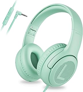 Casque Audio Enfant, Casque Enfant Filaire avec Volume Limité 85/94db, Fil 3.5 Mm, Pliable, Partager l’Audio, Micro Integré pour Ipad/Voyage/Tablette/Téléphone, Vert