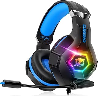 Ozeino Casque Gaming pour Ps5 PC Ps4, Casque Gamer pour Micro RGB 7 Couleurs Transducteurs 50mm Stéréo Basse Micro Anti-Bruit Réglable Compatible avec Switch Xbox Series X & S-Bleu Noir