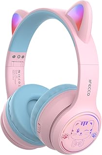 IFECCO Casque Audio Enfant avec Microphone,Casque d'écoute à Lumière LED pour Chat avec étui Casque Bluetooth sans Fil Enfant pour Ecole Tablette Téléphone