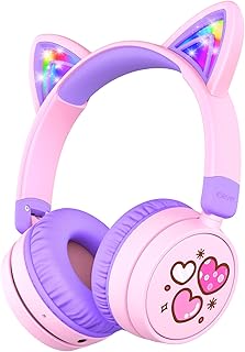 iClever Bluetooth Casque Audio Enfant, 60 Heures d'Autonomie, Oreille de Chat LED, Volume Sécurisé 74/85dBA, Bluetooth 5.3, Chargeur de Type C, Casque d'Ecoute sans Fil avec Mic intégré
