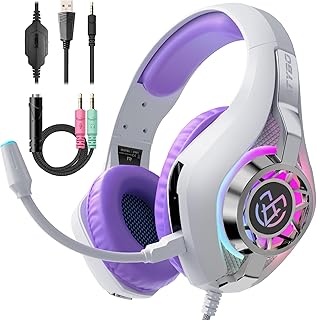 Tatybo Casque Gaming pour Ps5, Casque Gamer 3D Son Surround avec Microphone Antibruit, Ultraléger 250g, Haut-Parleur 50 mm, Casque avec Prise Jack 3,5 MM pour Ps4 Pc Xbox Switch (Violet et Blanc)