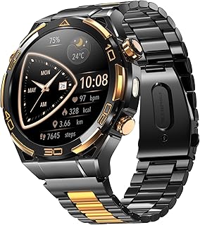 Blackview Montre Connectée Homme 14K Or Luxe avec IA ChatGPT, Écran AMOLED HD 1.43", GPS Intégré, Lampe de Poche, Boussole, Appels Bluetooth, Surveillance Santé, 100+ Modes Sport, pour Android et iOS