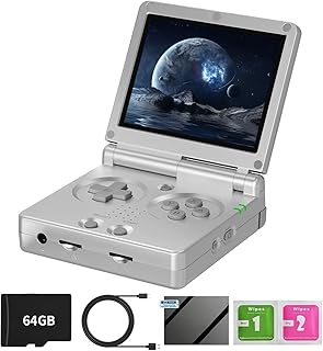 RG35XXSP Consoles de jeux portables à clapet avec carte TF intégrée 64 Go Plus de 5 000 jeux Style portable Flip Hand Held Console de jeu vidéo Linux Système Linux avec étui (Argent)