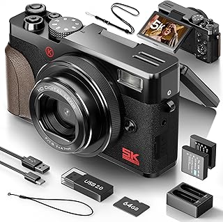 NBD Appareil Photo Numérique 5K 64MP avec Autofocus, Zoom Numérique 18x, Écran IPS 3" Orientable 180°, Design Rétro Élégant, Carte 64GB + 2 Batteries (Noir)